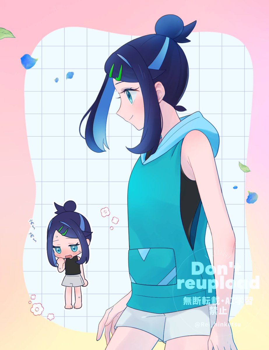 1girl black_hair black_shirt blue_hair chibi closed_mouth commentary_request eyelashes falling_leaves falling_petals flower_symbol green_vest grid_background hair_bun hair_ornament hairclip highres hood hood_down hooded_vest hoodie leaf liko_(pokemon) multicolored_hair multiple_views nintendo petals pokemon pokemon_(anime) pokemon_horizons rei_hinketsu shirt shorts sidelocks sleeveless sleeveless_shirt smile swept_bangs twitter_username two-tone_hair vest watermark