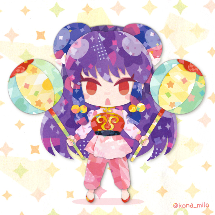 1girl artist_name chinese_clothes chui_(weapon) double_bun hair_bun holding holding_weapon kikuchi_milo long_hair pants pink_pants purple_hair ranma_1/2 red_eyes red_footwear shampoo_(ranma_1/2) sidelocks weapon