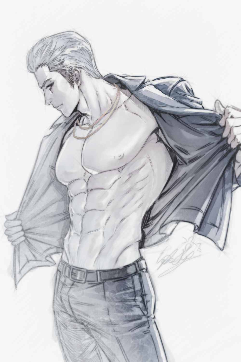 1boy abs black_pants chain chain collared_shirt floral_print gold_chain hair_slicked_back han_joon-gi highres jiao_mao male_focus open_clothes open_shirt pants ryuu_ga_gotoku_(series) ryuu_ga_gotoku_6 shirt signature tight_clothes tight_pants toned toned_male undressing white_background white_hair