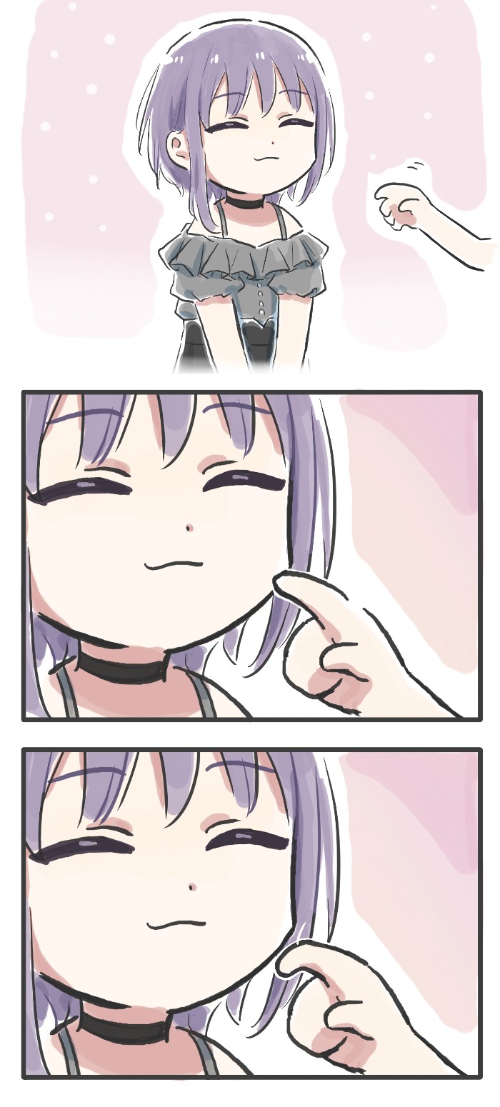 2girls :3 bang_dream! bang_dream!_it&#039;s_mygo!!!!! black_choker choker closed_eyes commentary frilled_shirt frills grey_shirt highres lyy mortis_(bang_dream!) mortis_(persona)_(bang_dream!) multiple_girls off-shoulder_shirt off_shoulder purple_hair shirt short_hair symbol-only_commentary wakaba_mutsumi yuutenji_nyamu