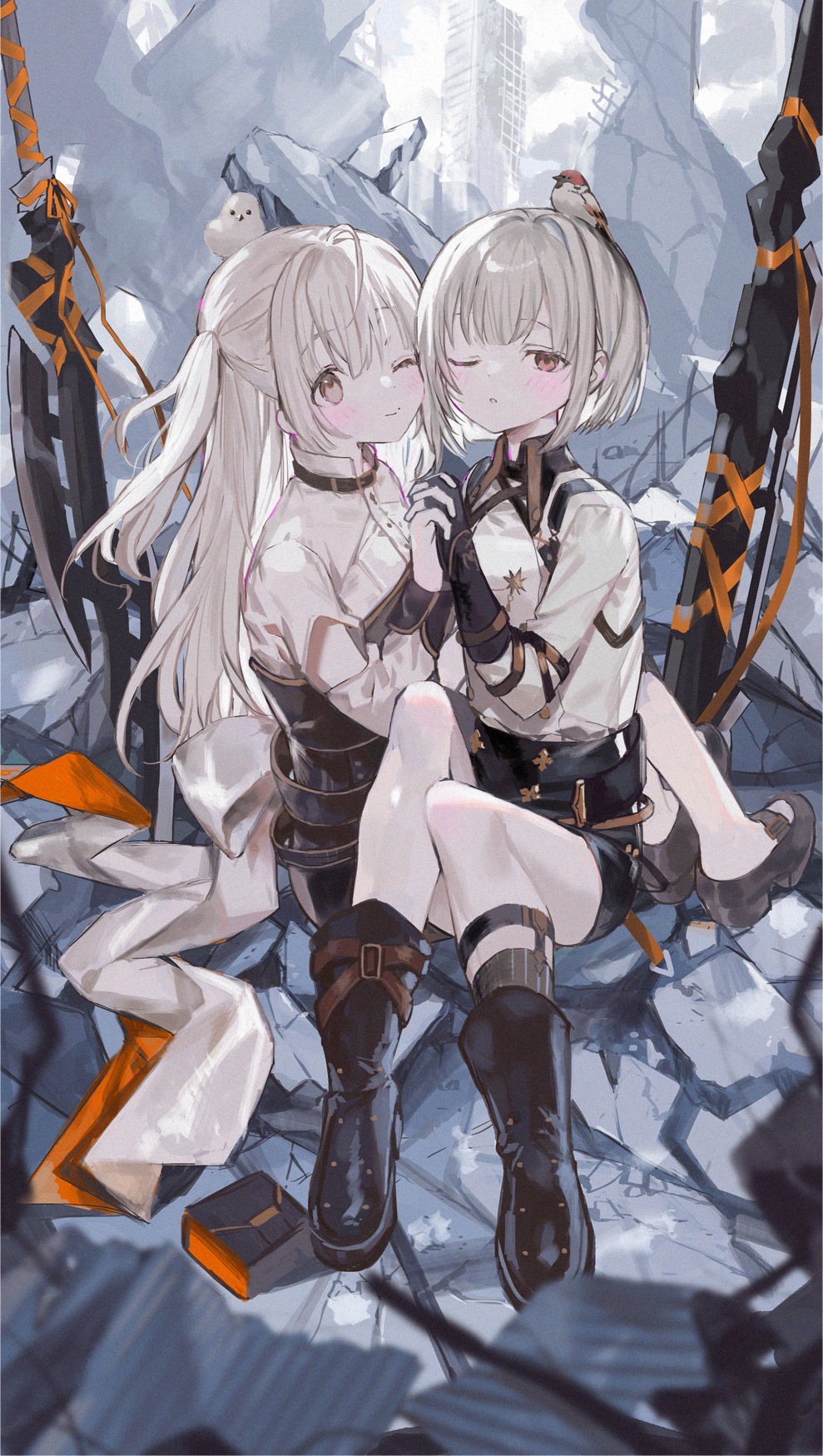 2girls ahoge animal animal_on_head bird bird_on_head black_boots black_sash black_shoes black_shorts blunt_bangs blurry blurry_foreground blush boots brown_hair closed_mouth commentary_request dot_nose enaga_(towa_tsugai) full_body hair_between_eyes highres holding_hands hug long_hair looking_at_viewer multiple_girls nana_tetra on_head open_mouth planted planted_sword planted_weapon ruins sash shirt shoes short_hair shorts sitting suzume_(towa_tsugai) sword towa_tsugai twintails weapon white_hair white_shirt