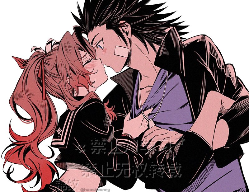 1boy 1girl aerith_gainsborough aerith_gainsborough_(midgard_seventh_high_school) bandaid bandaid_on_cheek bandaid_on_face black_hair black_jacket black_sailor_collar black_serafuku blue_eyes blue_shirt blush brown_hair closed_eyes clothes_pull couple cropped_shirt crossed_arms delinquent facing_another final_fantasy final_fantasy_vii final_fantasy_vii_ever_crisis flower from_side gakuran hair_flower hair_ornament hair_ribbon height_difference hetero high_ponytail huosheanng jacket jewelry kiss looking_at_another looking_to_the_side midriff necklace official_alternate_costume parted_bangs ponytail profile ribbon sailor_collar school_uniform serafuku shirt shirt_pull spiked_hair sukeban upper_body white_background zack_fair zack_fair_(midgard_seventh_high_school)