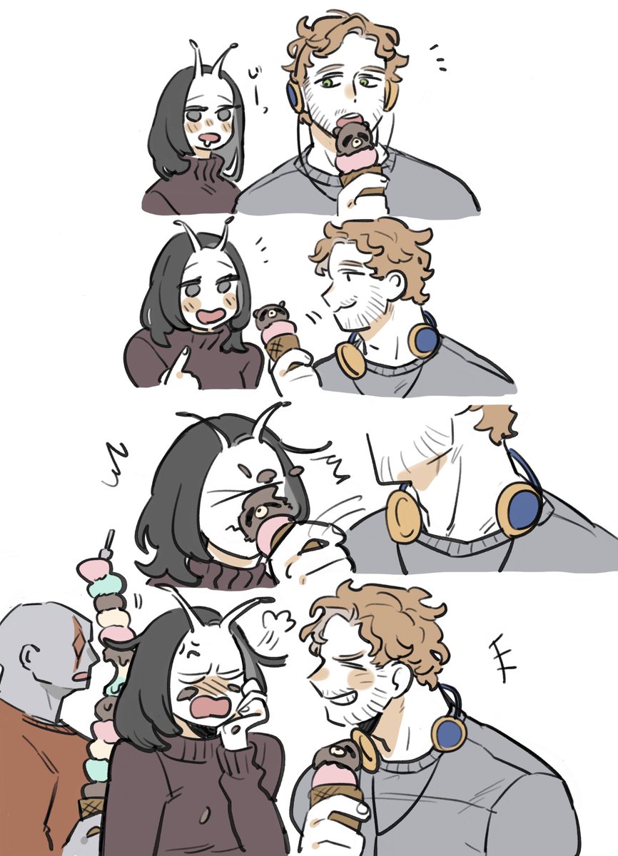 &gt;_&lt; 1girl 2boys anger_vein animification annoyed antennae black_hair blue_eyes blush brother_and_sister brown_sweater closed_eyes closed_mouth colored_skin commentary_request drax_the_destroyer drooling facial_hair fingernails food food_on_face green_eyes grey_shirt grey_skin guardians_of_the_galaxy hand_on_own_face hand_up headphones headphones_around_neck highres holding holding_food holding_ice_cream holding_ice_cream_cone ice_cream ice_cream_cone long_sleeves looking_at_another mantis_(marvel) marvel marvel_cinematic_universe multiple_boys multiple_views nahnohk open_mouth peter_quill pointing puffy_long_sleeves puffy_sleeves red_shirt shirt short_hair siblings simple_background smile spoon sweater teeth turtleneck turtleneck_sweater upper_body v-shaped_eyebrows white_background