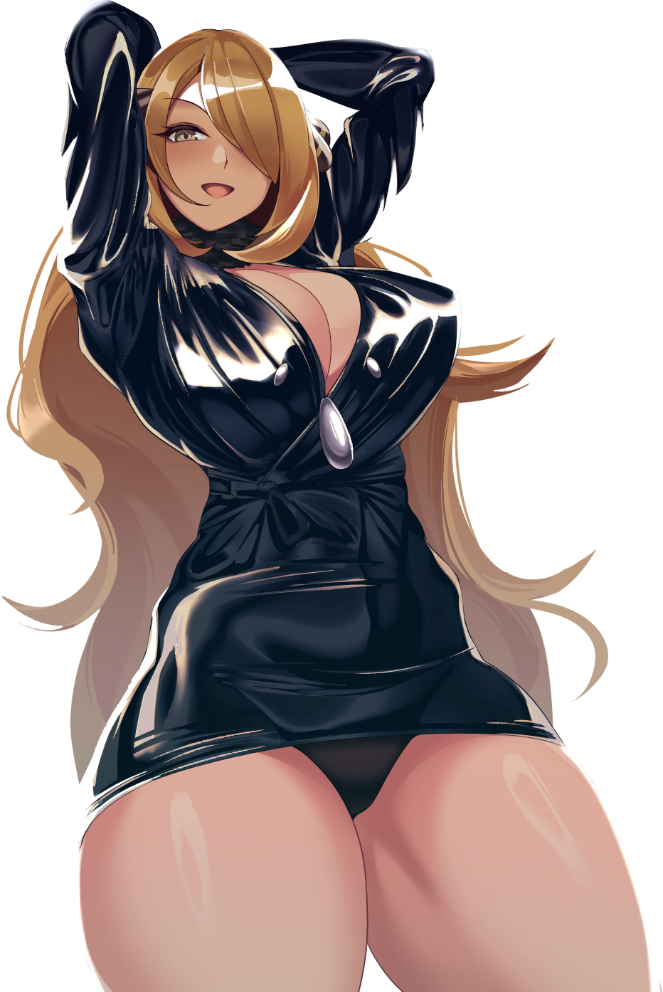 1girl black_dress blonde_hair breasts collarbone cynthia_(pokemon) dress from_below hair_over_one_eye highres large_breasts long_hair long_sleeves looking_at_viewer nintendo open_clothes open_dress pencil_skirt pokemon pokemon_dppt skirt solo volyz yellow_eyes