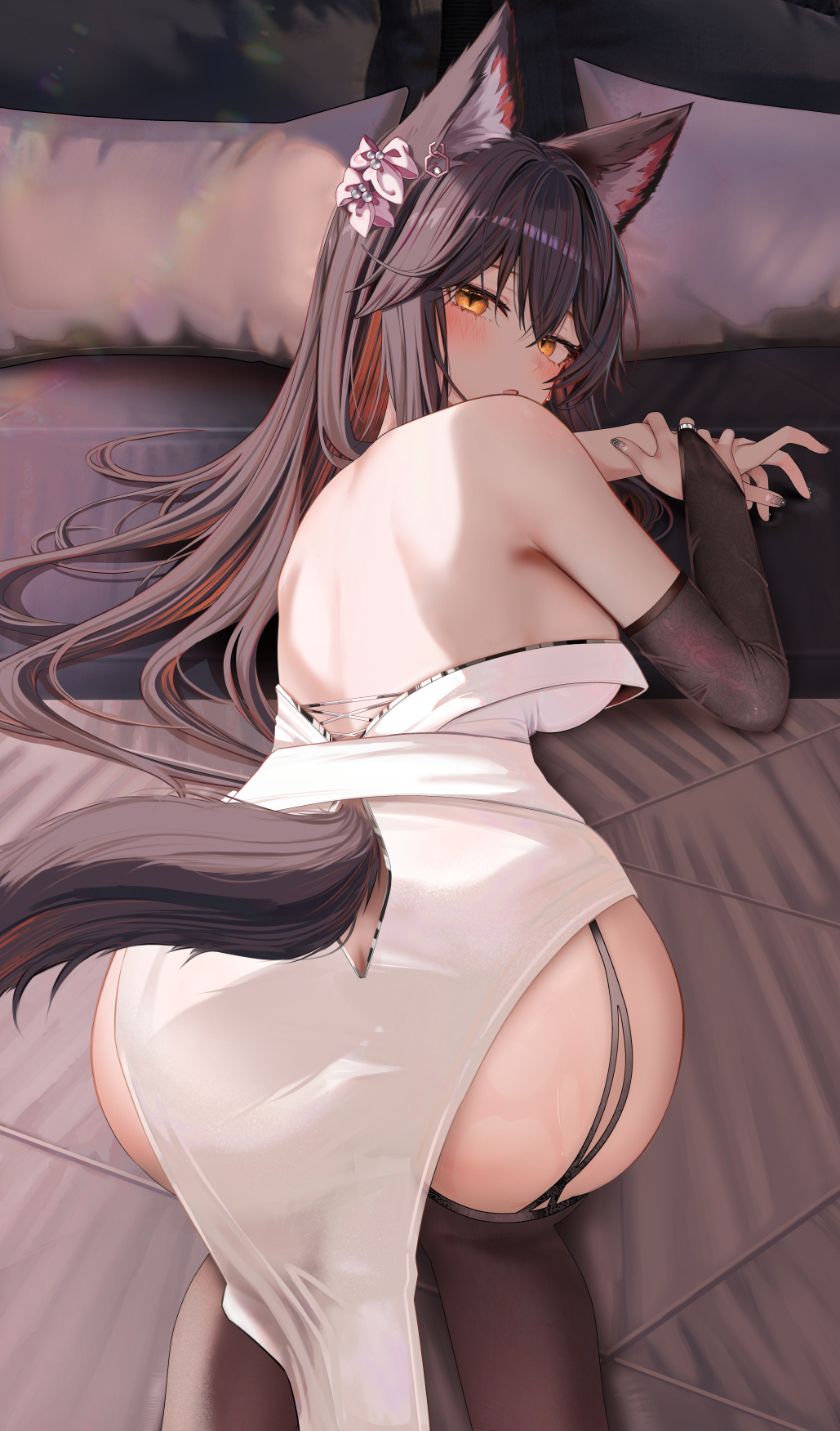 1girl alternate_costume animal_ears arknights ass ass_cutout back bare_shoulders bed_sheet black_bridal_gauntlets black_hair blush bridal_gauntlets brown_garter_straps brown_thighhighs butt_crack clothing_cutout commentary_request dress from_behind highres looking_at_viewer looking_back multicolored_hair off-shoulder_dress off_shoulder on_bed open_mouth orange_eyes pelvic_curtain red_hair ru_zhai solo streaked_hair tail tail_through_clothes texas_(arknights) thighhighs white_dress wolf_ears wolf_girl wolf_tail