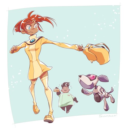 1boy 1girl android autobot bad_id bad_twitter_id bag black_hair blue_eyes boots dark_skin dress hair_ornament hairclip holding isaac_sumdac lowres open_mouth red_hair sari_sumdac short_hair short_twintails smile sparkplug_(animated) standing sunanecco thighhighs transformers transformers_animated twintails