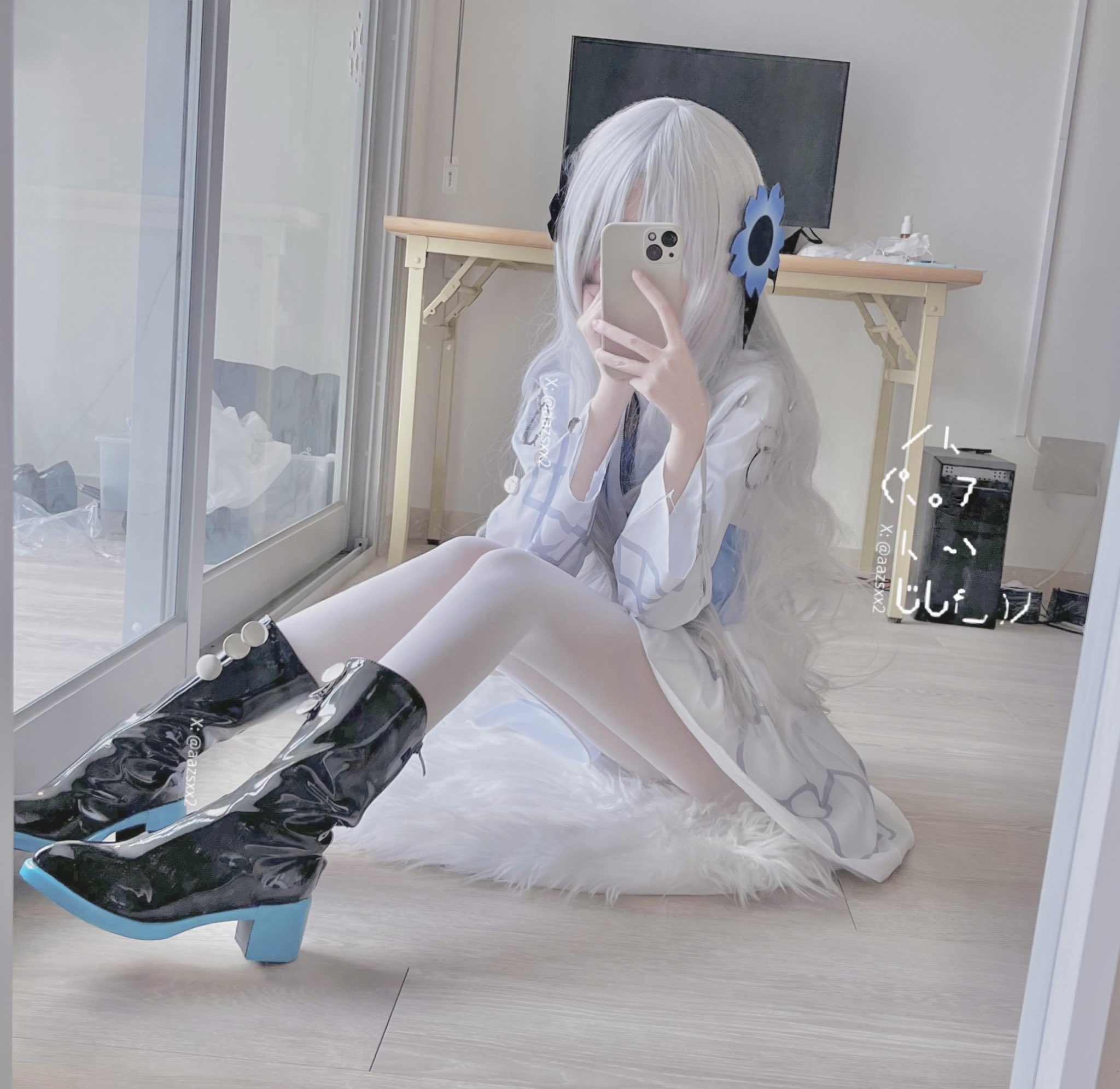 1girl anemone_(flower) black_boots blue_flower blunt_bangs boots cellphone cosplay_photo covering_face dal_(aazsxx2) dress flower gradient_clothes hair_flower hair_ornament hair_over_one_eye highres holding holding_phone indoors isekaijoucho kamitsubaki_studio legs_together long_hair long_sleeves mirror_selfie pantyhose petite phone photo_(medium) rug selfie solo two-tone_dress virtual_youtuber wavy_hair white_dress white_hair white_pantyhose