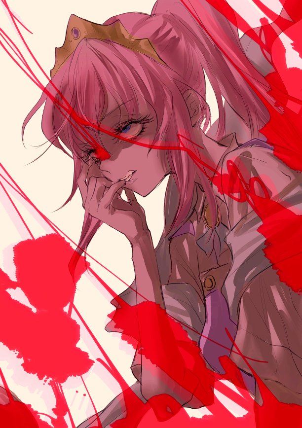 1girl amezamu apron biting blue_eyes breasts brooch clenched_teeth collared_shirt commentary_request crazy from_side hagoromo hand_up jewelry long_eyelashes long_hair looking_up medium_breasts megido72 nail_biting pink_apron ponytail sanpaku shawl shirt short_sleeves simple_background solo teeth tiamat_(megido72) tiara upper_body white_background white_shirt
