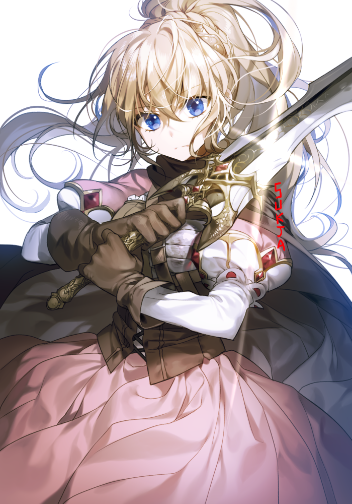 1girl black_cape black_gloves blue_eyes cape corset female_focus gloves holding holding_sword holding_weapon long_hair long_sleeves looking_at_viewer original pink_skirt ponytail puffy_long_sleeves puffy_sleeves silver_hair simple_background skirt solo sukja sword weapon