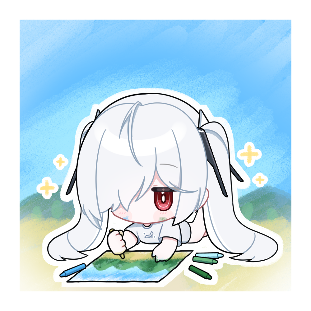 1girl alternate_costume border chibi cinderella_(nikke) commentary crayon goddess_of_victory:_nikke hair_over_one_eye high_heels holding holding_crayon jitome leg_up long_hair lying momori_sensei on_stomach outdoors outline paint_splatter paint_splatter_on_face paper red_eyes shirt short_sleeves solo sparkle t-shirt twintails very_long_hair white_border white_hair white_outline
