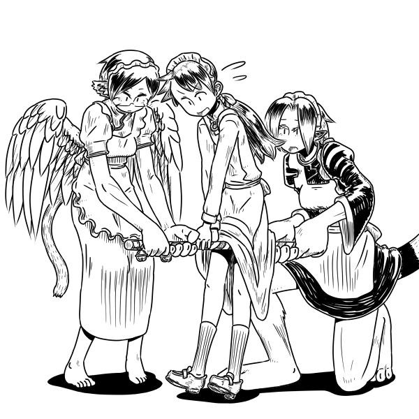 animal_ears barefoot cat_ears cat_tail futaba_channel glasses kyuuki maid maid_headdress modoi monochrome monster_girl nijiura_maids pointy_ears shikyou-aki_(placeholder) tail toukotsu_(nijiura_maids) wings