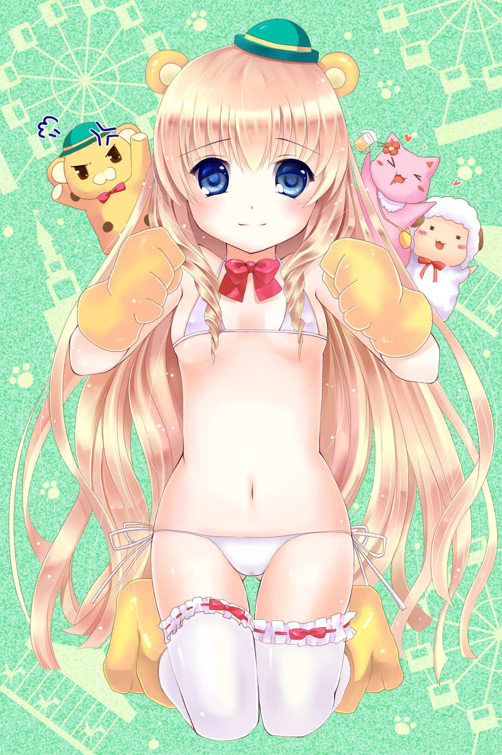 1girl amagi_brilliant_park angry animal_ears animal_hands bikini blonde_hair blue_eyes blush bow clenched_hand cosplay drill_hair flat_chest gloves heart highres kneeling latifa_fleuranza long_hair looking_at_viewer macaron_(amaburi) moffle moffle_(cosplay) paw_gloves paw_shoes shinonome86 shoes side-tie_bikini_bottom solo_focus swimsuit thighhighs tiramii very_long_hair white_thighhighs