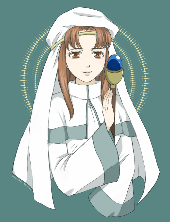 1girl aura brown_eyes brown_hair circlet dress elen_(fire_emblem) fire_emblem fire_emblem:_the_binding_blade headdress holding holding_staff long_hair long_sleeves looking_at_viewer miisa nintendo smile solo staff white_dress