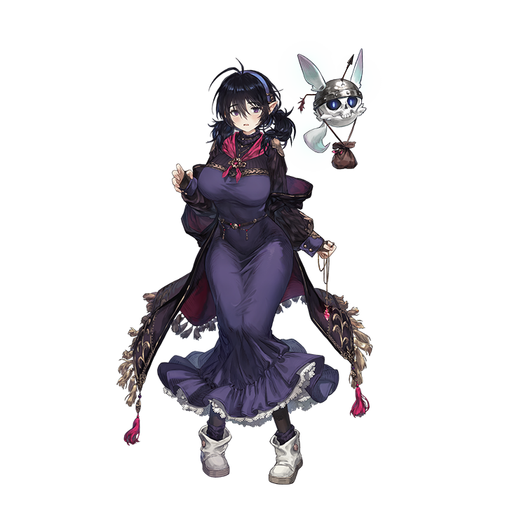 1girl 1other arrow_(projectile) arrow_in_body arrow_in_head black_cape black_hair black_socks breasts brown_dust_(series) brown_dust_2 cape claw_pose crack dress elf eyebrows_hidden_by_hair familiar floating_head frilled_dress frills full_body hair_between_eyes hairband helmet holding holding_jewelry holding_necklace isaac_(brown_dust_2) jewelry knees_together_feet_apart large_breasts loen_(brown_dust_2) loen_(last_hope)_(brown_dust_2) long_dress long_hair looking_at_viewer necklace object_through_head official_art pointy_ears purple_dress purple_hairband second-party_source skin_tight socks tachi-e white_footwear