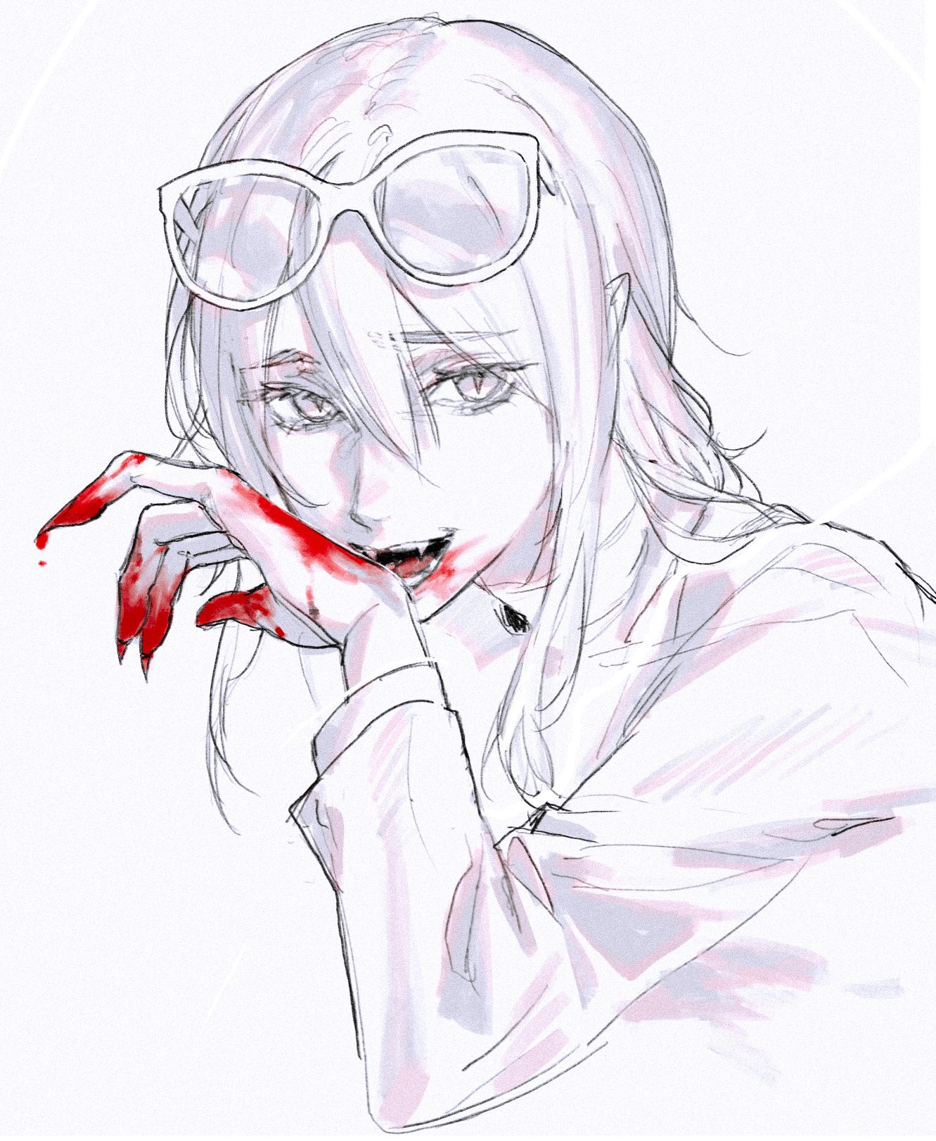 1girl blood blood_on_hands copyright_request eyewear_on_head fangs highres keibleh long_hair long_sleeves looking_at_viewer open_mouth simple_background slit_pupils solo upper_body vampire white_background wiping_blood
