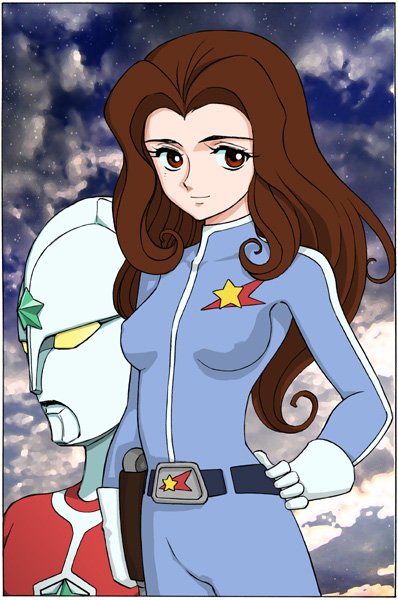 1girl belt bodysuit brown_eyes brown_hair gloves hand_on_own_hip hip_focus holster hoshikawa_mutsumi long_hair shijoh shijou_yukimasa star_(symbol) the_ultraman_(anime) ultra_series ultraman_joneus uniform