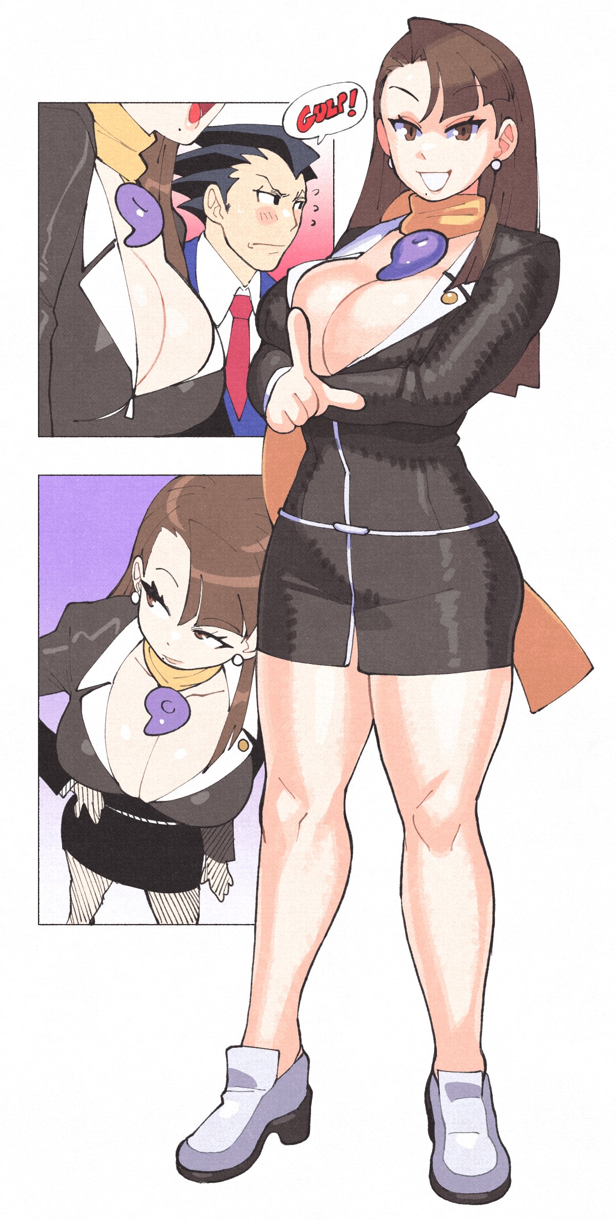 1boy 1girl ace_attorney black_hair blue_jacket blue_suit blush breasts brown_eyes brown_hair cleavage collared_shirt earrings formal_clothes highres inkerton-kun jacket jewelry large_breasts long_hair long_sleeves looking_at_viewer magatama magatama_necklace mia_fey mole mole_under_mouth necklace necktie open_mouth phoenix_wright pointing pointing_at_viewer scarf shirt smile speech_bubble spiked_hair suit yellow_scarf