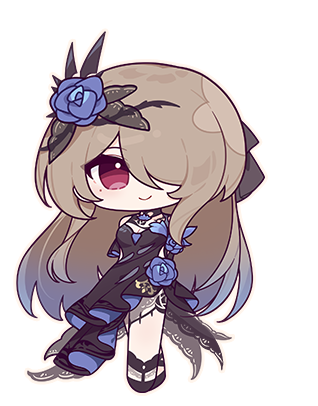 1girl brown_hair chibi closed_mouth dress eta flower full_body hair_flower hair_ornament honkai_(series) honkai_impact_3rd long_hair looking_at_viewer lowres mole mole_under_eye official_art purple_dress purple_eyes purple_flower purple_rose rita_rossweisse rita_rossweisse_(fallen_rosemary) rose smile solo third-party_source very_long_hair