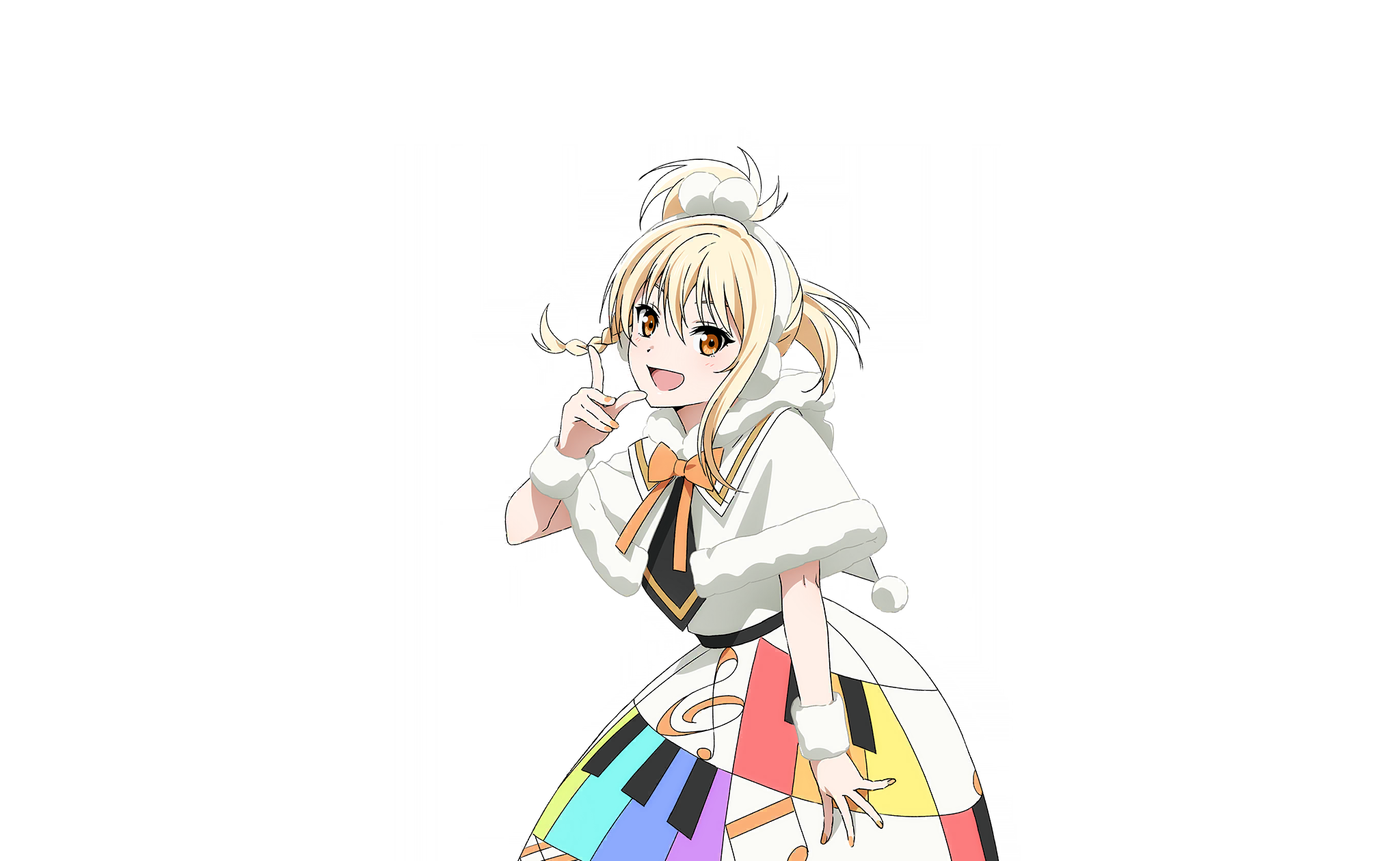 1girl blonde_hair blush braid capelet colorful_dreams!_colorful_smiles!_(love_live!) cowboy_shot dress earmuffs fur-trimmed_capelet fur-trimmed_collar fur_trim hand_up highres looking_at_viewer love_live! love_live!_nijigasaki_high_school_idol_club love_live!_school_idol_festival_2 medium_hair miyashita_ai musical_note musical_note_print neck_ribbon official_art open_mouth orange_eyes orange_ribbon piano_print rainbow_print rainbow_skirt ribbon sidelocks single_braid smile standing white_capelet white_dress wristband