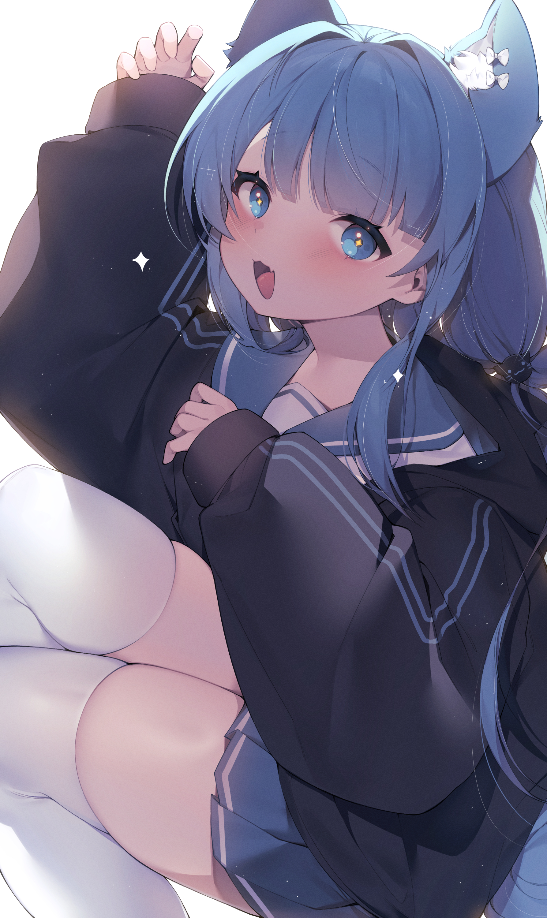 1girl :d absurdres animal_ear_fluff animal_ears arm_up black_jacket blue_eyes blue_hair blue_sailor_collar blue_skirt blunt_bangs blush bow cat_hair_ornament claw_pose commission ear_bow eyelashes fang feet_out_of_frame from_side hair_intakes hair_ornament hand_up highres hood hood_down hooded_jacket jacket long_hair long_sleeves looking_at_viewer looking_to_the_side miniskirt open_mouth original pleated_skirt puffy_long_sleeves puffy_sleeves sailor_collar sen_light shirt sidelocks simple_background sitting skin_fang skindentation skirt sleeves_past_wrists smile solo star-shaped_pupils star_(symbol) symbol-shaped_pupils thighhighs thighs white_background white_bow white_shirt white_thighhighs zettai_ryouiki