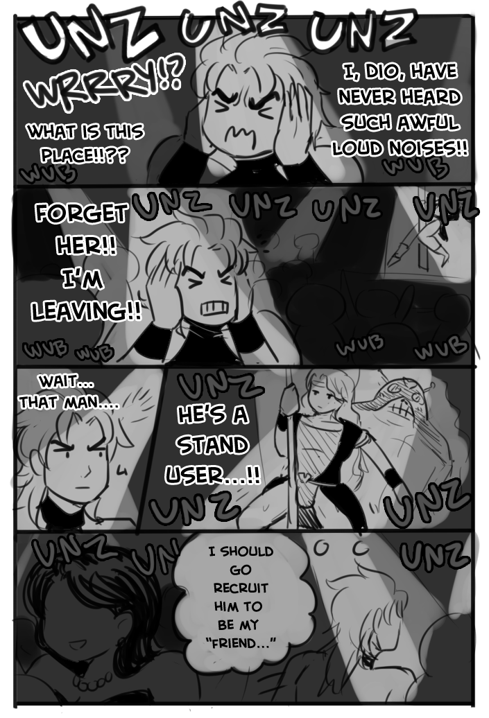 1girl 2boys comic cream_(stand) dio_brando english_text giorno&#039;s_mother jojo_no_kimyou_na_bouken long_hair mayoday monochrome multiple_boys pole pole_dancing speech_bubble stripper_pole thought_bubble vanilla_ice vento_aureo wristband wryyyyyyyyyyyyyyyyyyyy