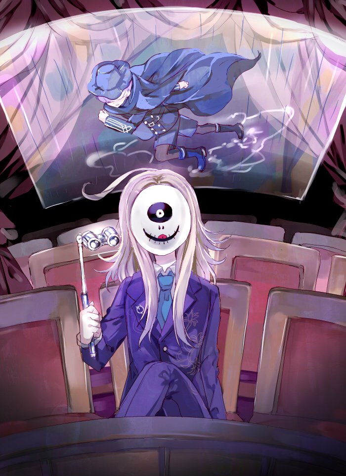 1boy ahoge binoculars blonde_hair blue_cape blue_hat blue_jacket blue_necktie cape chair collared_shirt commentary_request covered_face crossed_legs curtains floral_print hand_up hat holding holding_binoculars hologram indoors jacket kinoshita_idea long_hair long_sleeves makoto_kagutsuchi male_focus mask master_detective_archives:_rain_code necktie on_chair opera_glasses pants purple_jacket purple_pants running shirt sitting smile solo spoilers theater tongue tongue_out white_shirt yuma_kokohead