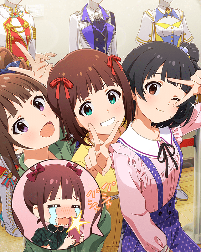 amami_haruka black_hair blush boots bow brown_hair buttons card_(medium) cellphone closed_eyes crying green_eyes grin hair_bow high_heel_boots high_heels holding idol_clothes idolmaster idolmaster_million_live! idolmaster_million_live!_theater_days japanese_text mannequin matsuda_arisa nakatani_iku neck_ribbon official_art one_eye_closed open_mouth phone polka_dot purple_eyes red_eyes ribbon smartphone smile v yokoyama_nao