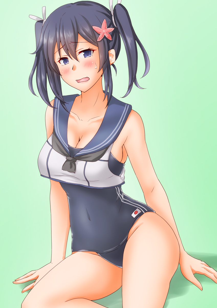 1girl anti_(untea9) blue_hair blue_one-piece_swimsuit blush bracelet breasts collarbone cosplay covered_navel crop_top embarrassed flower gradient_background green_background hair_between_eyes hair_flower hair_ornament hair_ribbon highres japanese_flag jewelry kantai_collection large_breasts looking_at_viewer nontraditional_school_swimsuit old_school_swimsuit one-piece_swimsuit open_mouth ribbon ro-500_(kancolle) ro-500_(kancolle)_(cosplay) sailor_collar sailor_shirt school_swimsuit school_uniform serafuku shadow shirt solo souryuu_(kancolle) sweatdrop swimsuit swimsuit_under_clothes twintails undersized_clothes
