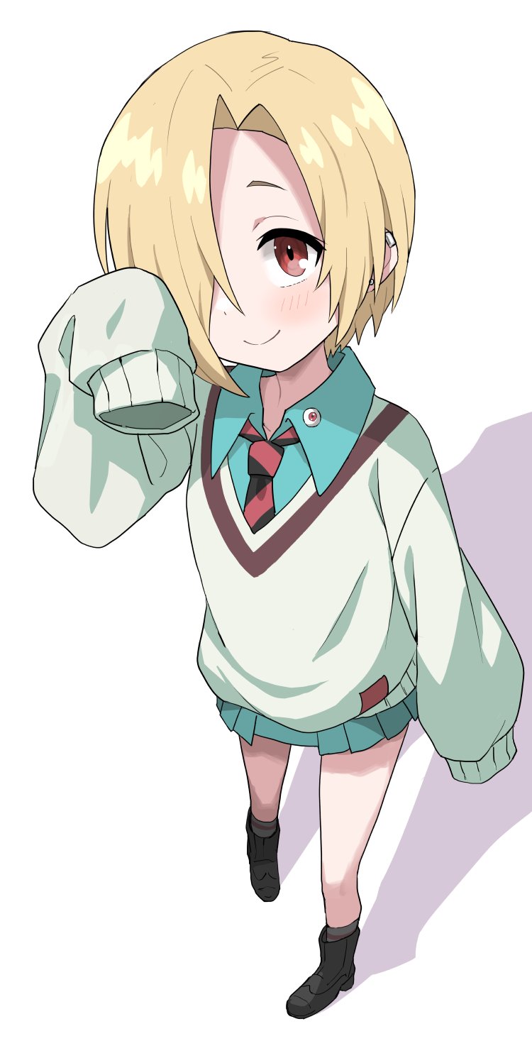 1girl amate_yuzuriha amate_yuzuriha_(cosplay) aqua_shirt aqua_skirt black_boots black_necktie blonde_hair blush boots closed_mouth collared_shirt cosplay ear_piercing earrings full_body gundam gundam_gquuuuuux hair_over_one_eye halulu highres idolmaster idolmaster_cinderella_girls jewelry long_sleeves looking_at_viewer necktie piercing pleated_skirt red_eyes red_necktie shirasaka_koume shirt short_hair skirt sleeves_past_fingers sleeves_past_wrists smile solo standing striped_necktie sweater v-neck white_sweater