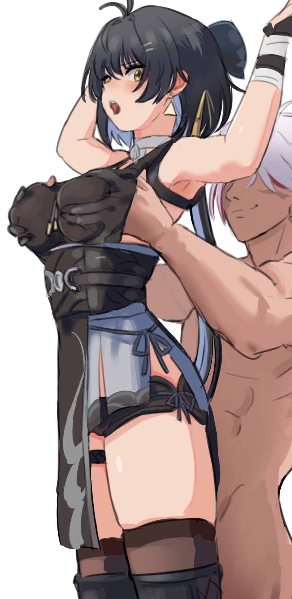 1boy 1girl armpits bare_shoulders black_hair breasts clothed_female_nude_male colored_inner_hair commentary earrings eyeliner female_rover_(wuthering_waves) gloves grabbing_another&#039;s_breast grabbing_from_behind grey_hair groping hair_ornament hairclip hand_under_clothes hetero highres jewelry lifting_person long_hair makeup multicolored_hair nude red_eyeliner rover_(wuthering_waves) ry_(mmm_st_bbb2) scar scar_(wuthering_waves) scar_on_face sleeveless streaked_hair two-tone_hair white_hair wuthering_waves yellow_eyes