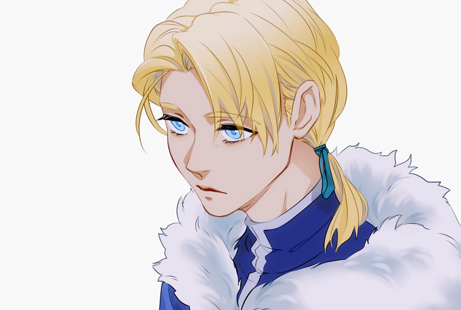 1boy aged_down blonde_hair blue_eyes blue_shirt closed_mouth collared_shirt commentary dimitri_alexandre_blaiddyd dimitri_alexandre_blaiddyd_(young) english_commentary fire_emblem fire_emblem:_three_houses fur_trim hair_tie looking_ahead male_focus nintendo ponytail ruebird shirt simple_background solo white_background white_fur white_trim
