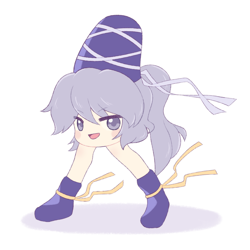 1girl blue_boots blue_hat boots commentary full_body grey_eyes grey_hair guuchama hat high_ponytail long_hair looking_at_viewer mononobe_no_futo open_mouth ponytail simple_background smile solo tate_eboshi touhou v-shaped_eyebrows walking what white_background