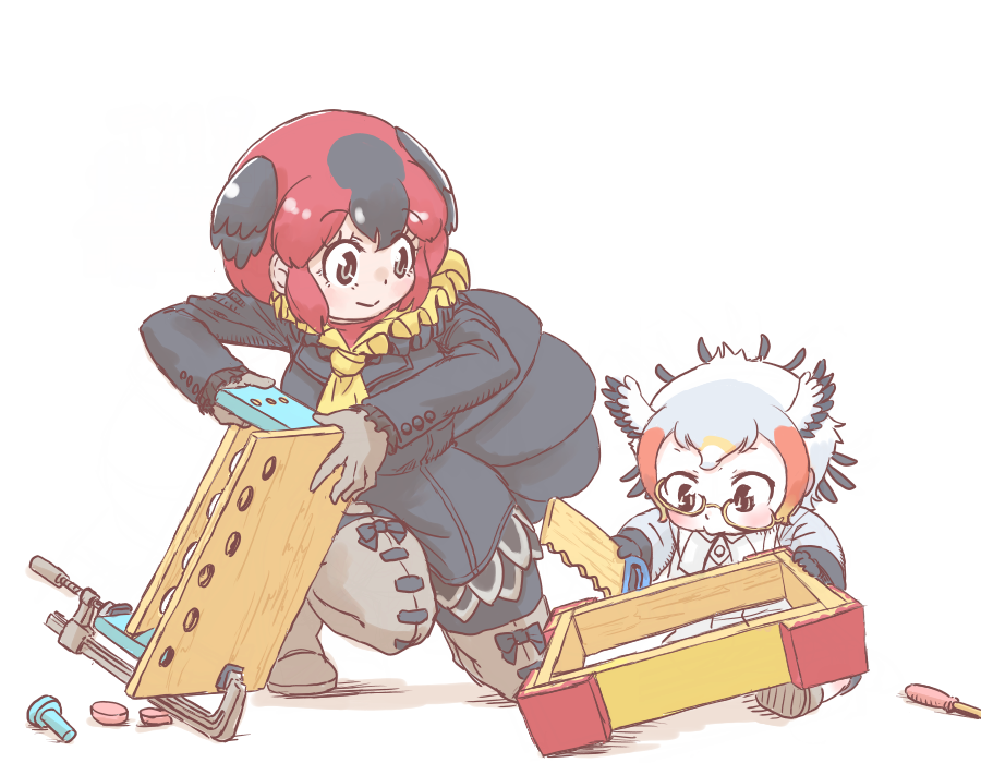2girls aged_down australian_brushturkey_(kemono_friends) bird_girl bird_wings black_gloves black_hair black_jacket black_pantyhose black_skirt blonde_hair blush boots brown_eyes brown_footwear c-clamp child frilled_sleeves frills gloves grey_gloves hair_between_eyes head_wings jacket kemono_friends long_sleeves maki_(02uh14l1b740ao2) multicolored_hair multiple_girls neck_ruff neckerchief orange_hair pantyhose pleated_skirt red_hair saw secretarybird_(kemono_friends) semi-rimless_eyewear shirt short_hair sidelocks skirt thigh_boots two-tone_hair white_hair white_shirt wings wood yellow-framed_eyewear yellow_neckerchief
