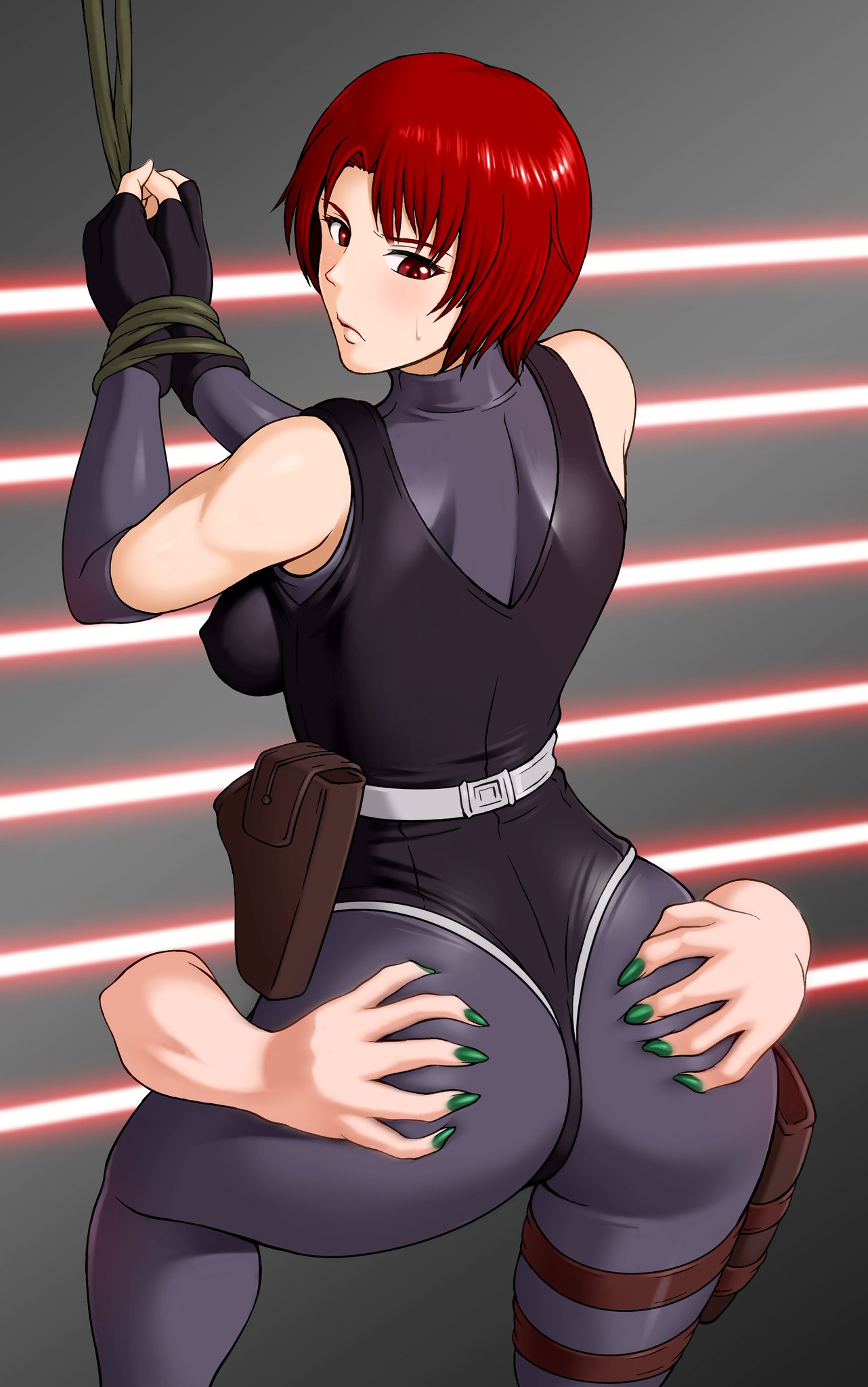 1girl ass bare_shoulders blush bodysuit bound bound_wrists breasts deep_skin dino_crisis embarrassed fingerless_gloves from_behind gloves groping highres holster huge_ass large_breasts leotard leotard_over_bodysuit looking_back looking_down rakusai_(saisai_garou) red_eyes red_hair regina_(dino_crisis) short_hair sideboob solo sweatdrop thigh_holster