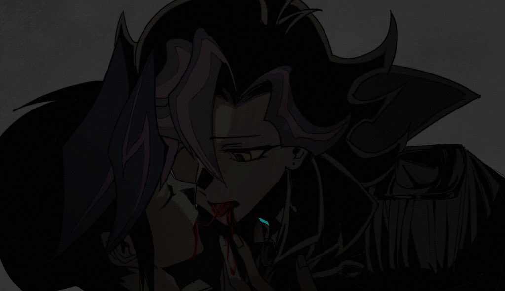 2boys ai_(yu-gi-oh!) alternate_form android black_cape black_hair blood blood_from_mouth blood_in_mouth blood_on_face blood_on_hands blood_on_mouth cannibalism cape closed_eyes colored_bangs dress_shirt epaulettes facing_another facing_to_the_side finger_in_own_mouth finger_to_mouth fujiki_yusaku grey_background hair_over_one_eye humanoid_robot jacket leaning_forward leaning_on_person looking_at_another male_focus military_jacket military_uniform multiple_boys muted_color novale110 open_mouth partially_colored robot shirt spiked_hair tongue tongue_out white_shirt yellow_eyes yu-gi-oh! yu-gi-oh!_vrains