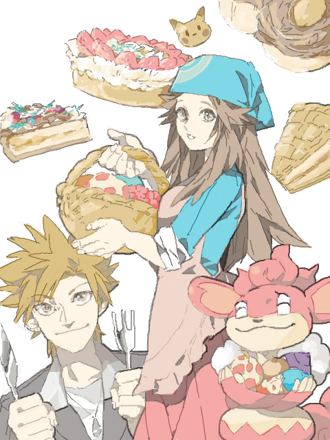 00s 1boy 1girl alternate_costume apron basket blue_oak blue_oak_(pokemon_hgss) brown_eyes brown_hair cake carrying cookie food fork fruit gen_1_pokemon gen_5_pokemon headband holding knife leaf_(pokemon) long_hair nintendo pie pikachu pokemon pokemon_(creature) pokemon_frlg rotasu simisear smile tegaki