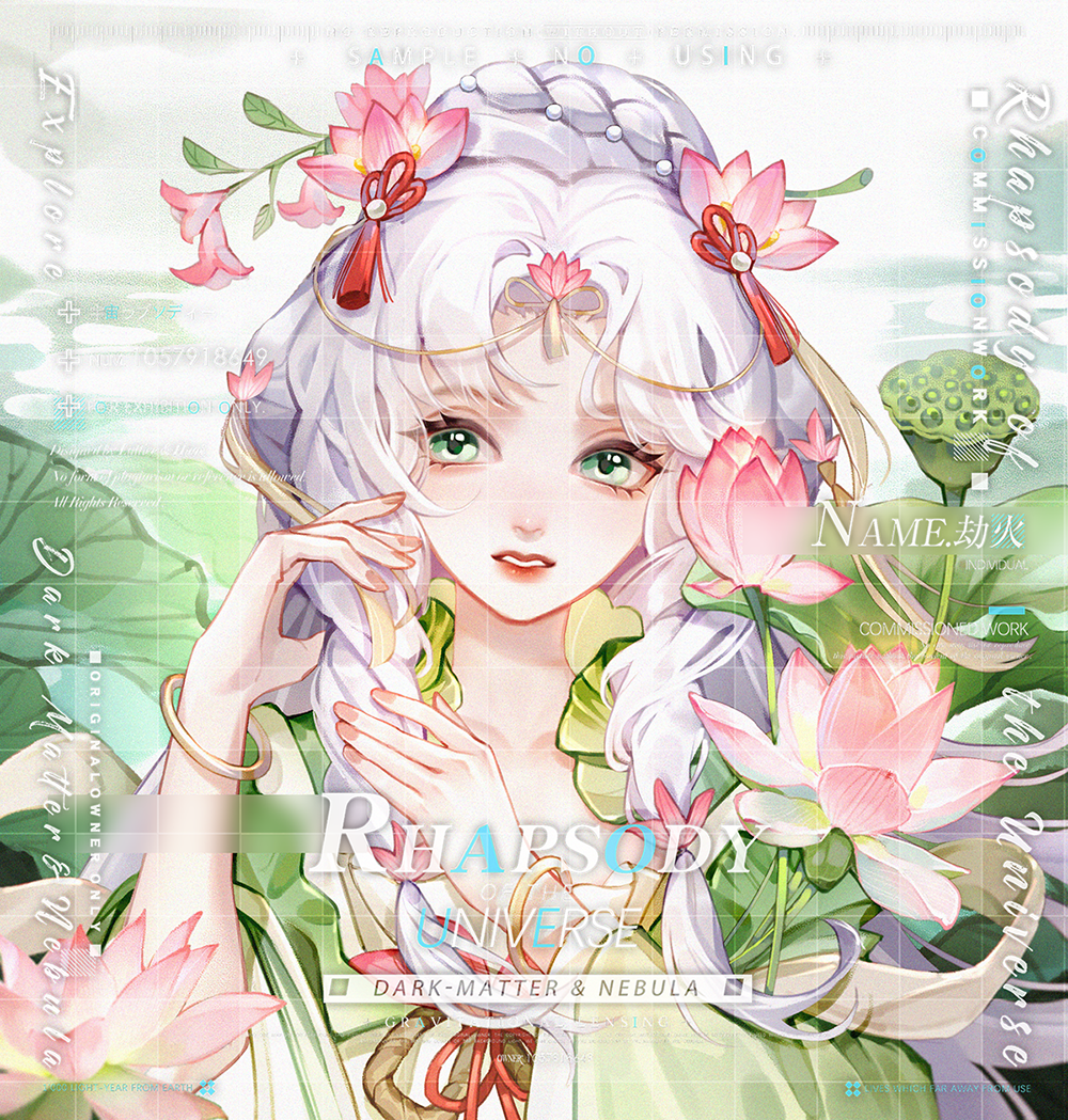1girl bracelet braid commission flower green_eyes hair_flower hair_ornament jewelry leaf lily_pad long_hair looking_at_viewer lotus original parted_bangs parted_lips pink_flower sample_watermark solo tassel upper_body watermark white_hair zhaoye