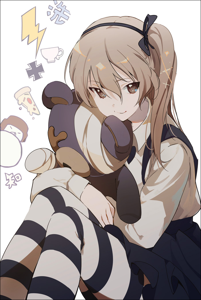 10s 1girl bandages boko_(girls_und_panzer) brown_eyes brown_hair cross cup female_focus food girls_und_panzer horizontal-striped_legwear iron_cross lightning_bolt_symbol looking_at_viewer naye pizza shimada_arisu smile solo striped_clothes striped_thighhighs stuffed_animal stuffed_toy teacup teddy_bear thighhighs white_background