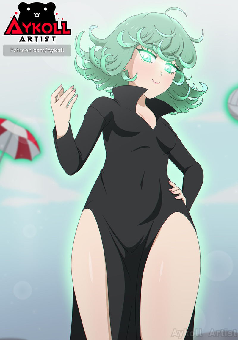 1girl artist_logo artist_name aykoll ball black_dress blue_sky breasts cleavage cloud commentary covered_navel curly_hair dress english_commentary flipped_hair floating floating_object glowing glowing_eyes green_eyes green_hair levitation logo long_sleeves looking_at_viewer navel one-punch_man pear-shaped_figure shiny_skin short_hair side_slit simple_background sky small_breasts smile solo tatsumaki telekinesis thighs umbrella volleyball volleyball_(object)