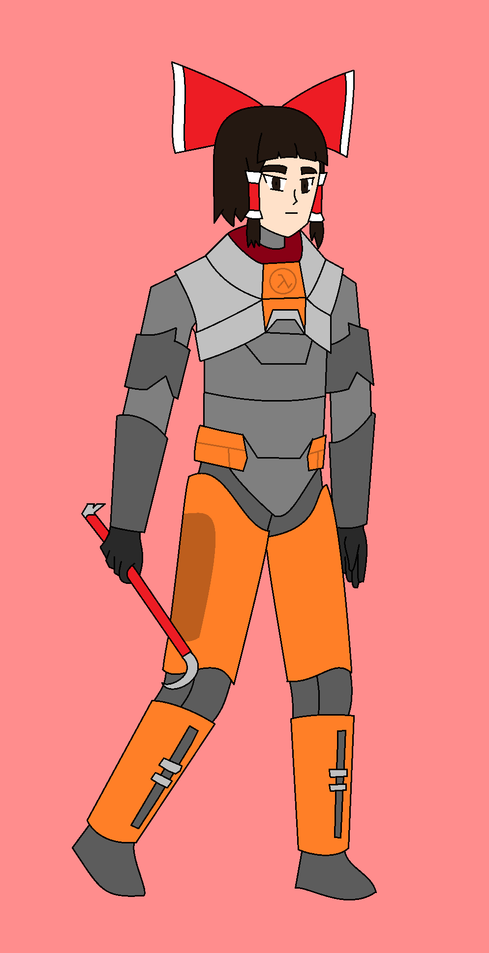 blunt_bangs brown_eyes brown_hair crowbar hair_ribbon hakurei_reimu half-life half-life_(series) half-life_2 hev_suit highres holding holding_crowbar lambda_symbol non-web_source oekaki ribbon simple_background somevietnamdude touhou