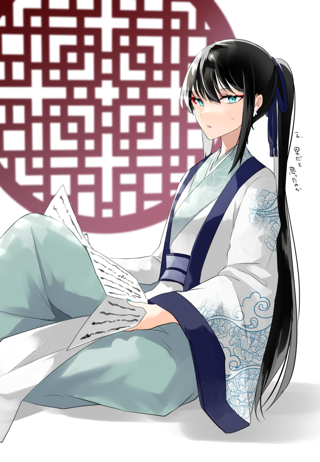 1girl aqua_eyes aqua_hanfu aqua_nails black_hair chinese_clothes earrings eyeliner fate/grand_order fate_(series) hanfu jewelry jing_ke_(fate) long_hair looking_at_viewer makeup ponytail red_eyeliner solo ugetsu_(chimere/marie) very_long_hair white_background white_hanfu