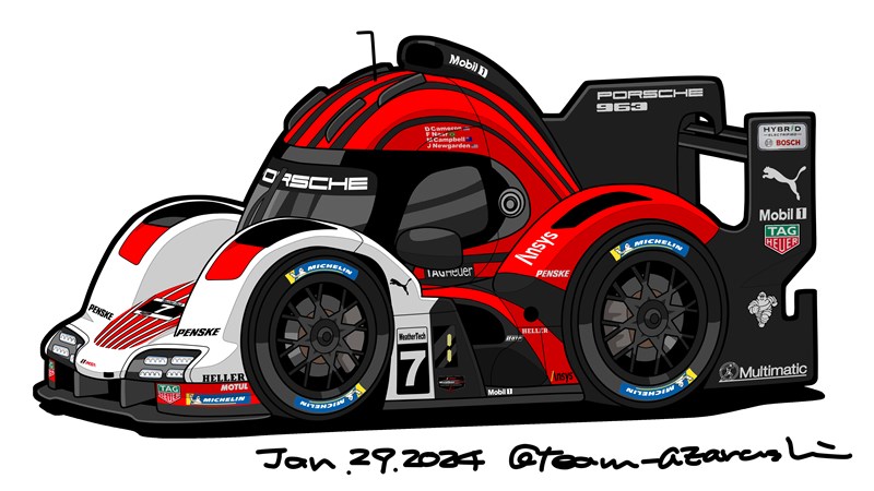 american_flag australian_flag brazilian_flag car chibi imsa_sportscar_championship le_mans_prototype michelin michelin_man motor_vehicle no_humans porsche porsche_963 puma_(brand) race_vehicle racecar spoiler_(automobile) sponsor team_azarashi vehicle_focus white_background