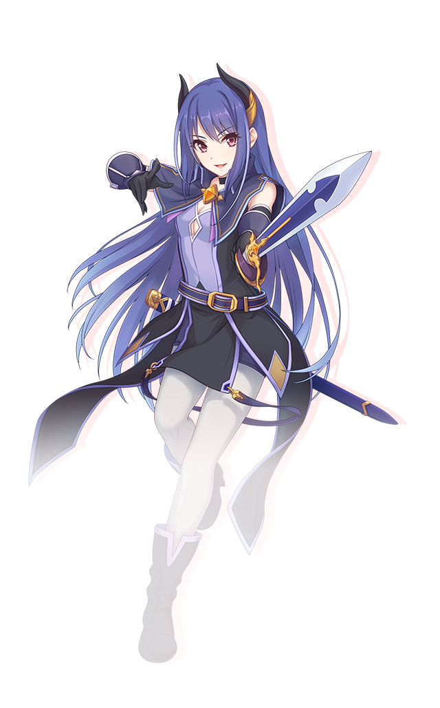 1girl belt black_boots black_choker black_gloves black_horns boots breasts capelet choker cleavage drop_shadow elbow_gloves full_body gloves holding holding_sword holding_weapon horns long_hair looking_at_viewer medium_breasts official_art open_mouth pantyhose pointing_melee_weapon pointing_sword princess_connect! purple_belt purple_capelet purple_eyes purple_hair rei_(princess_connect!) simple_background smile solo standing sword tachi-e transparent_background v-shaped_eyebrows very_long_hair weapon white_pantyhose