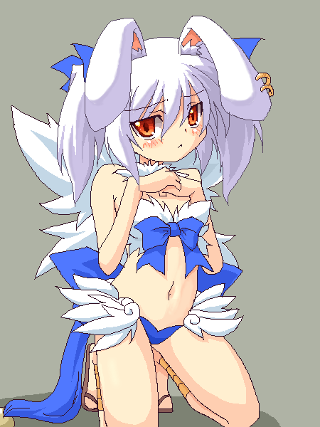 1girl 2000s_(style) :&lt; animal_ear_piercing animal_ears back_bow bikini blue_bikini blue_bow blue_bowtie blush bow bowtie brown_hair closed_mouth commentary_request earrings feather_trim feathered_wings frown full_body grey_background jewelry kneeling large_bow looking_at_viewer medium_hair mismatched_bikini oekaki orange_eyes rabbit_ears rabbit_girl ragnarok_online shirokuro_(lapinnoir) simple_background solo swimsuit two_side_up wanderer_(ragnarok_online) white_bikini white_hair white_wings wings
