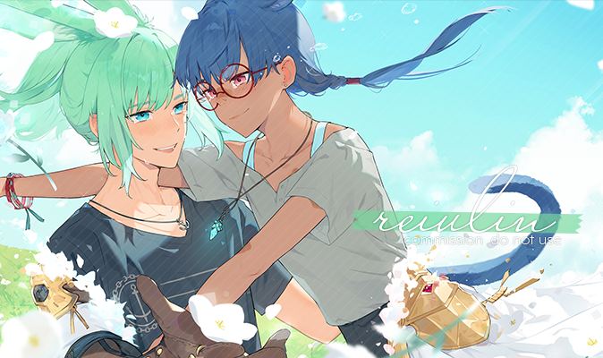 1boy 1girl anchor_necklace bag black_shirt blue_hair blue_sky bra_strap cat_tail cloud cloudy_sky cove_holden crying crying_with_eyes_open crystal_necklace double-parted_bangs falling_petals flower glasses green_eyes green_hair grey_shirt grin high_ponytail hill hug jewelry long_hair looking_at_another main_character_(our_life) necklace on_grass on_ground orange_eyes our_life:_beginnings_and_always petals ponytail poppy_(flower) ryuuieu shirt shoulder_bag sky smile t-shirt tail tears teeth upper_body upper_teeth_only