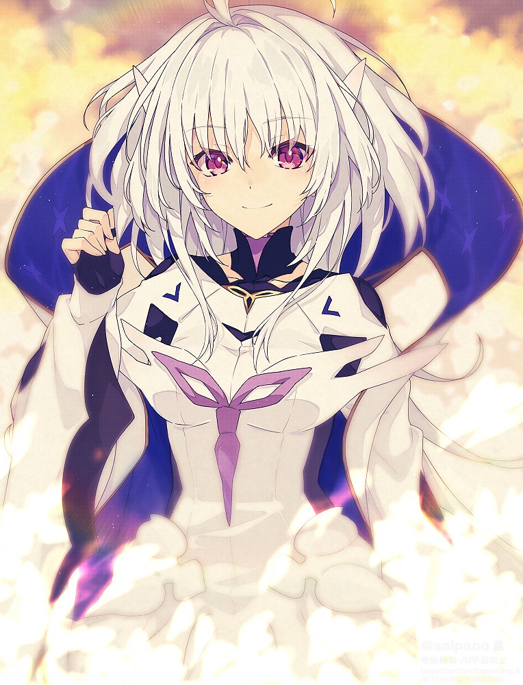 1girl ahoge black_gloves breasts fate/grand_order fate/prototype fate_(series) fingerless_gloves gloves long_hair long_sleeves looking_at_viewer medium_breasts merlin_(fate/prototype) pointy_ears red_eyes robe saipaco smile solo very_long_hair white_hair white_robe wide_sleeves