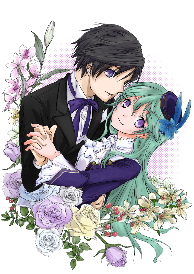 1boy 1girl black_hair black_suit blue_feathers blue_flower couple dancing dress eiyuu_densetsu falcom feathers flower green_hair hat musse_egret open_mouth purple_dress purple_eyes purple_hat purple_ribbon rean_schwarzer ribbon sen_no_kiseki_(series) shirt smile suit white_shirt