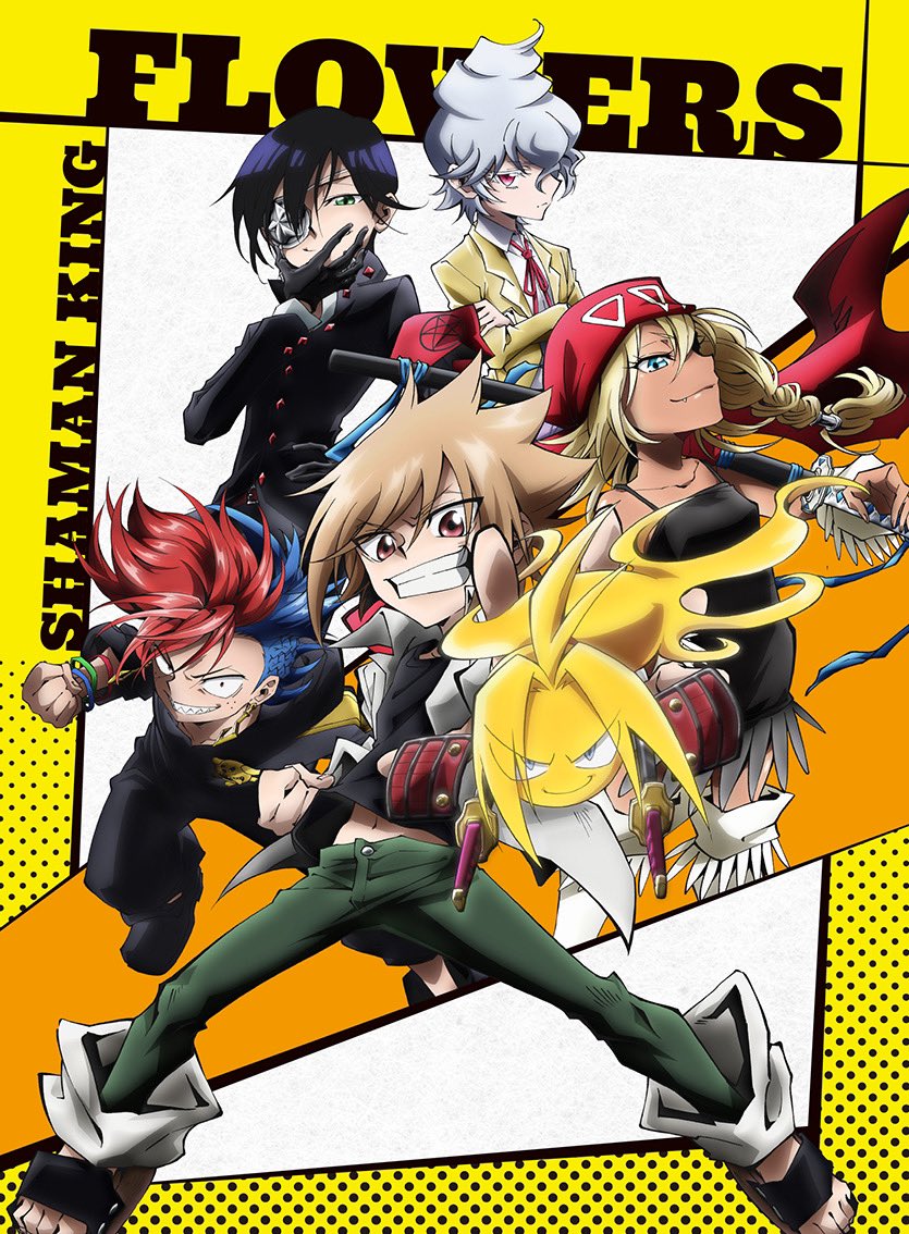 1girl 5boys alumi_niumbirch amidamaru asakura_hana bandana blonde_hair blue_eyes boots character_request dark_skin detached_sleeves eyepatch fang grin holding holding_sword holding_weapon logo long_hair looking_at_viewer multicolored_hair multiple_boys official_art red_scarf scarf shaman_king shaman_king_flowers sharp_teeth shiny_clothes shiny_skin skirt smile spirit sword tao_men teeth thigh_boots thighhighs two-tone_hair weapon