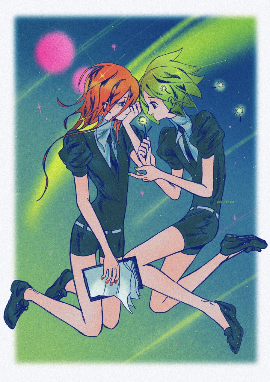 2others androgynous bike_shorts black_jacket black_necktie black_shoes black_shorts cinnabar_(houseki_no_kuni) commentary english_commentary flower full_body gem_uniform_(houseki_no_kuni) green_hair highres holding holding_flower holding_paper houseki_no_kuni jacket multiple_others necktie open_mouth other_focus paper pemprika phosphophyllite puffy_short_sleeves puffy_sleeves red_hair shirt shoes short_hair short_sleeves shorts white_shirt