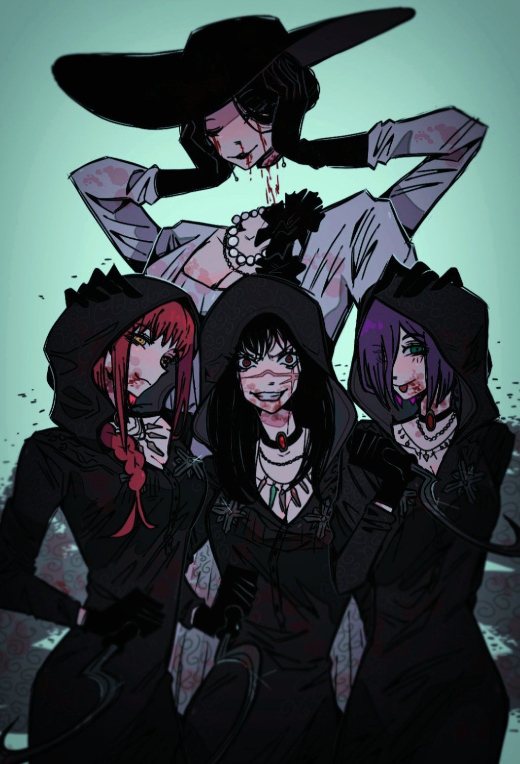 31ulkubo alcina_dimitrescu alcina_dimitrescu_(cosplay) arthropod_limbs bela_dimitrescu bela_dimitrescu_(cosplay) black_flower black_gloves black_hair black_rose blood blood_drip blood_from_mouth blood_on_breasts bloody_tears breasts cassandra_dimitrescu cassandra_dimitrescu_(cosplay) chainsaw_man cleavage closed_eyes commentary corsage cosplay daniela_dimitrescu daniela_dimitrescu_(cosplay) disembodied_head dress earrings english_commentary extra_arms falling_devil_(chainsaw_man) fami_(chainsaw_man) flower gloves hat highres holding_detached_head jewelry large_breasts long_arms long_dress long_hair looking_at_viewer makima_(chainsaw_man) necklace nosebleed pearl_earrings pearl_necklace resident_evil resident_evil_village rose severed_head smile sun_hat white_dress wide_brim yoru_(chainsaw_man)